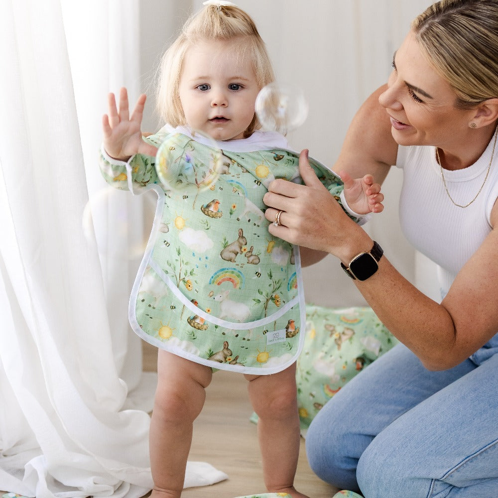 Bear & Moo Sleeved Bib | Waterproof Reusable Bib | Signs of Spring print