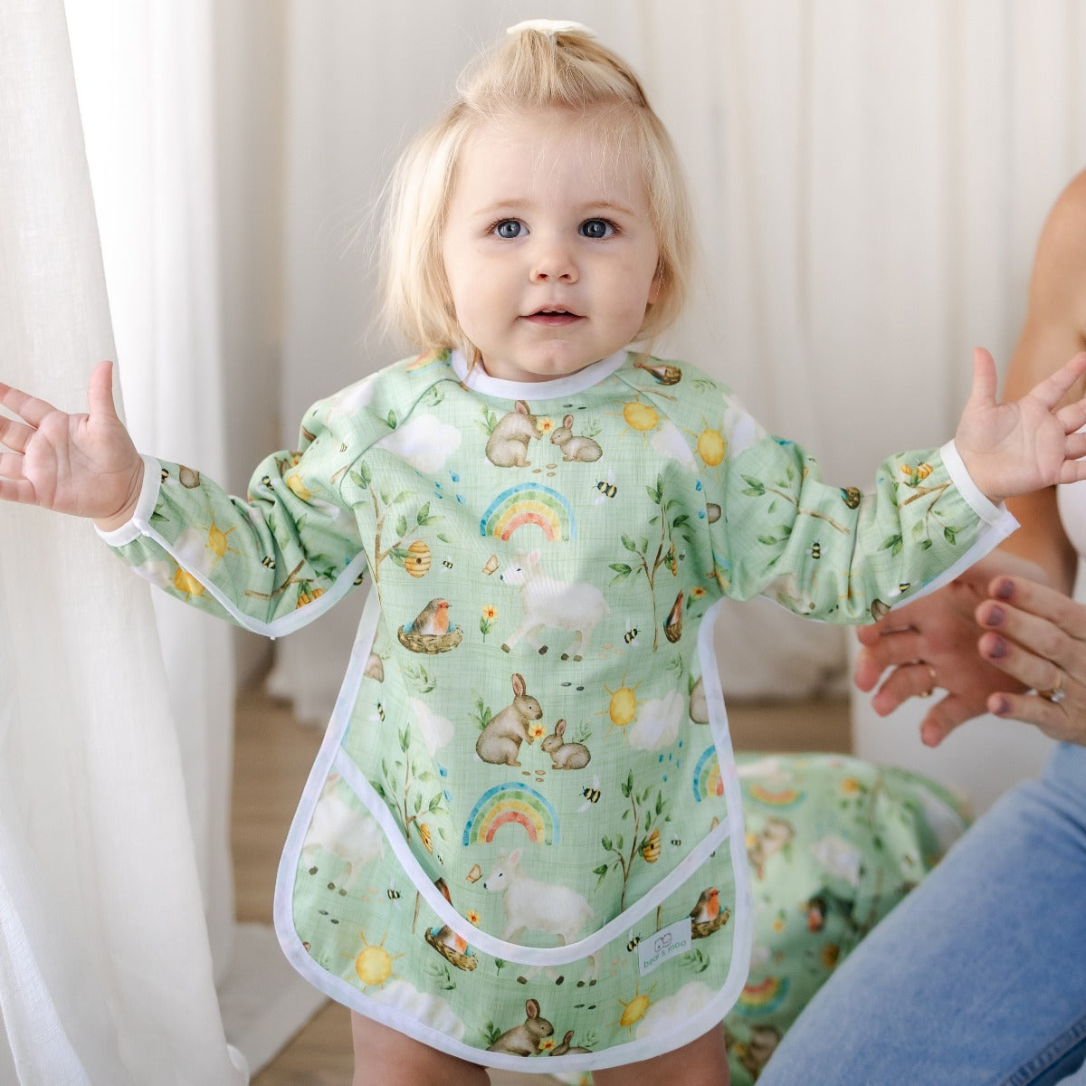 Bear & Moo Sleeved Bib | Waterproof Reusable Bib | Signs of Spring print