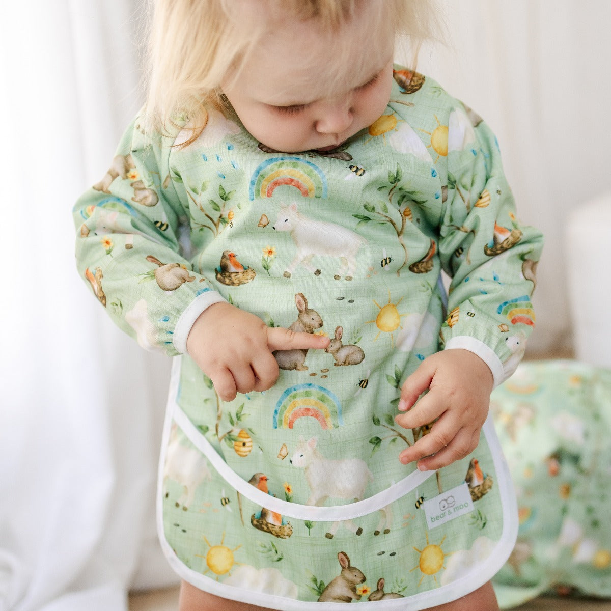 Bear & Moo Sleeved Bib | Waterproof Reusable Bib | Signs of Spring print