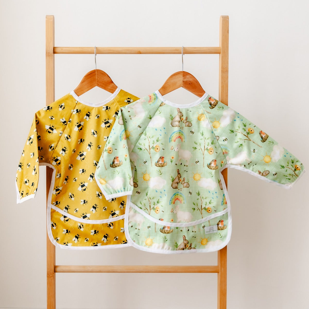 Bear & Moo Sleeved Bib | Waterproof Reusable Bib | Signs of Spring print