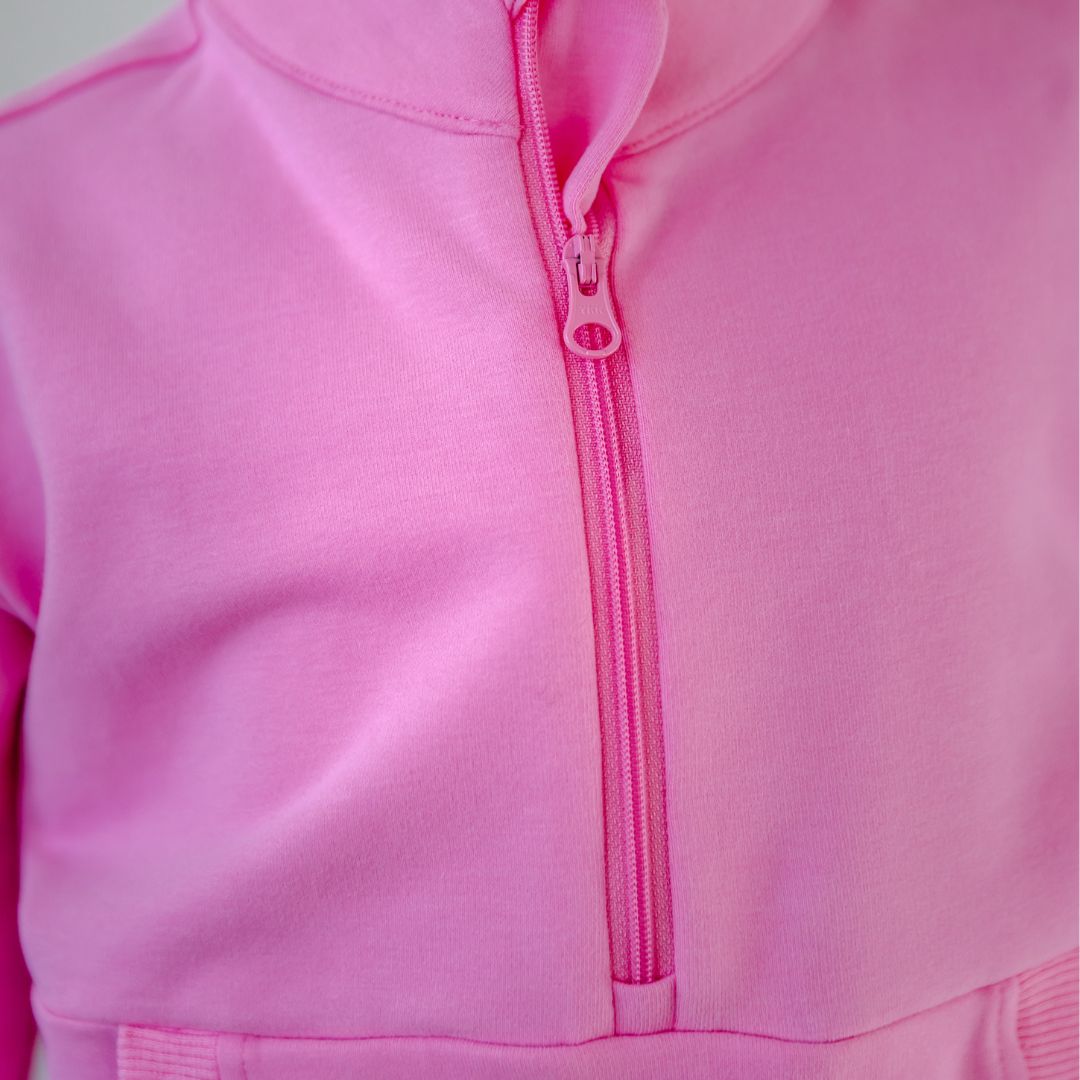 Hello Poppet Half Zip Crew | Kids cotton jumpers available in pink & green at Bear & Moo