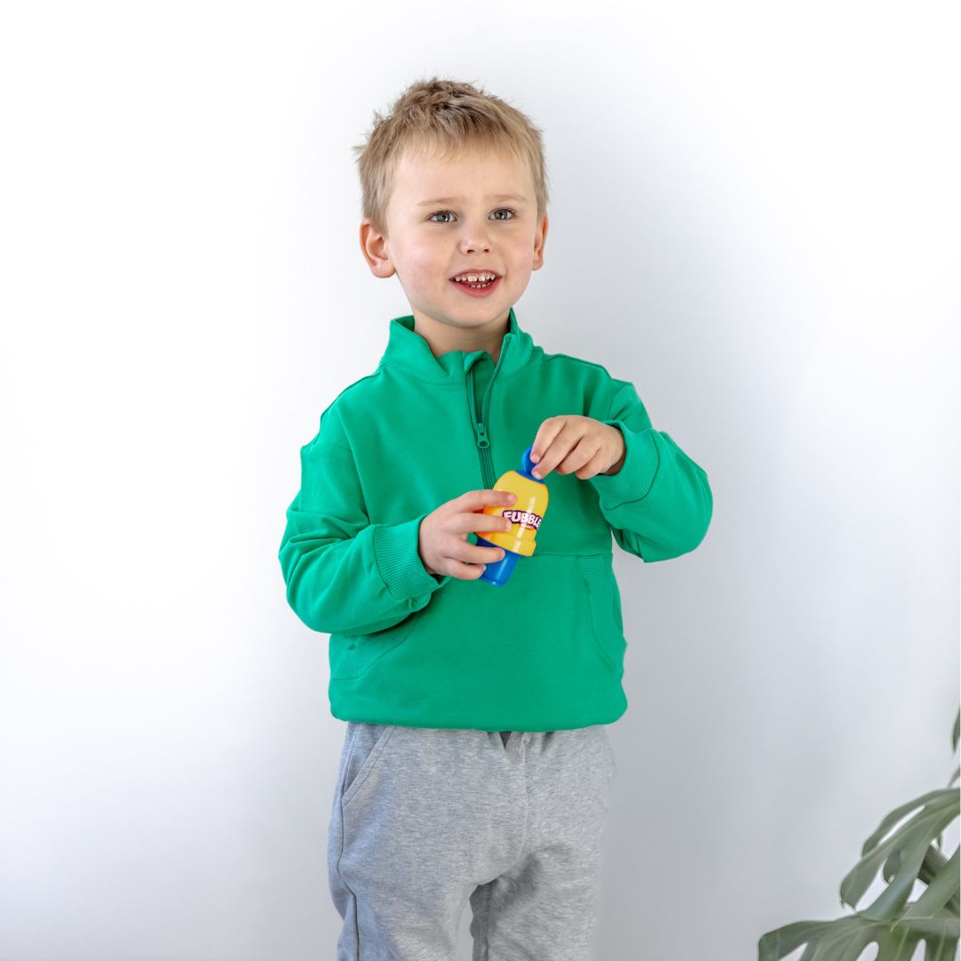Hello Poppet Half Zip Crew | Kids cotton jumpers available in pink & green at Bear & Moo