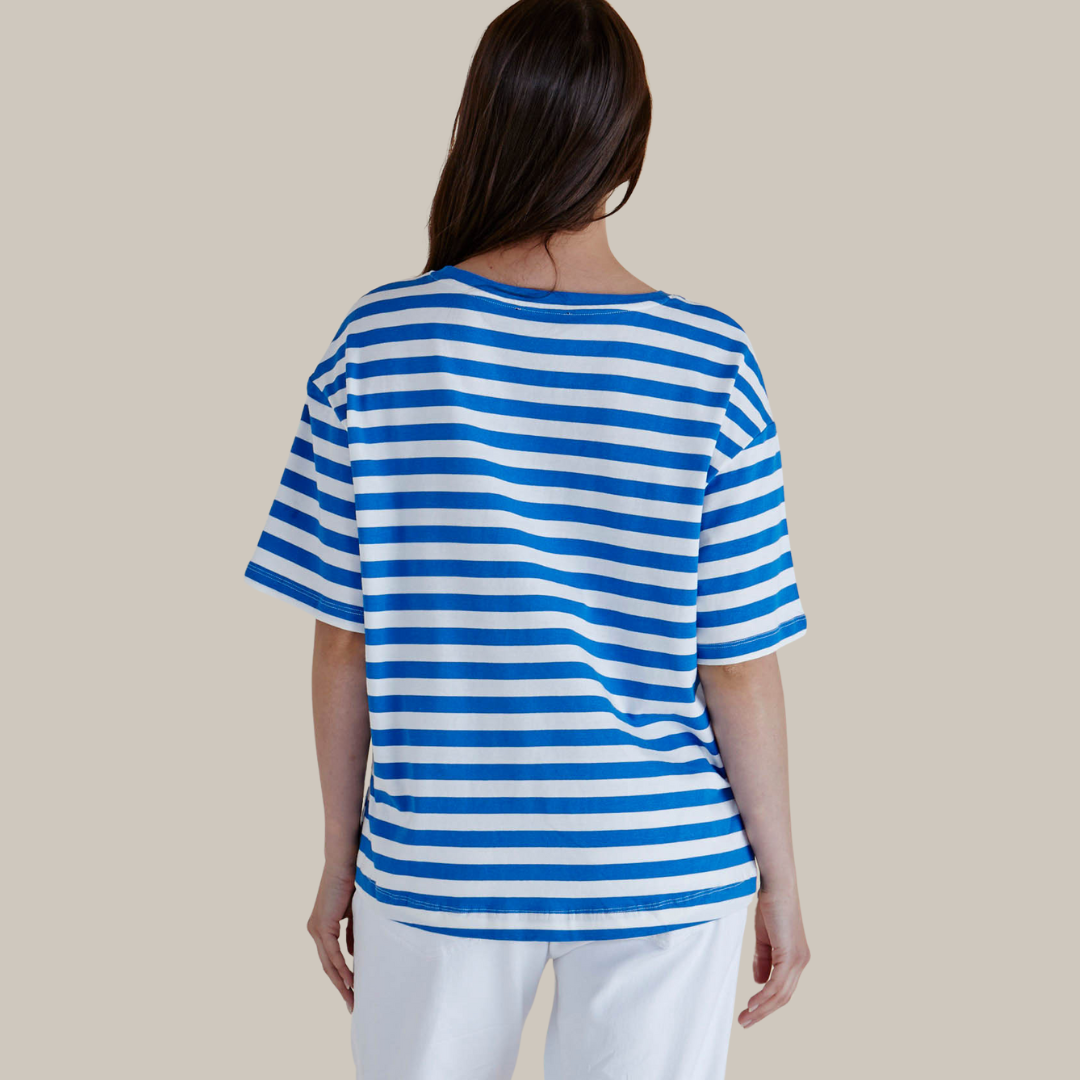 Betty Basics Relax Boxy Tee | Azure Blue Stripe available at Bear & Moo