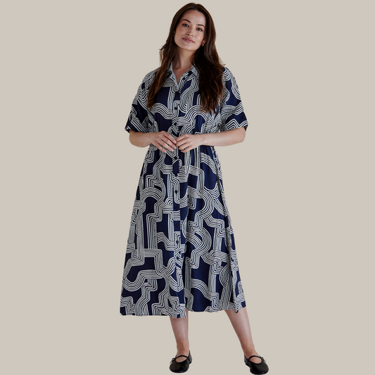 Betty Basics Skye Dress | Navy Geo available at Bear & Moo