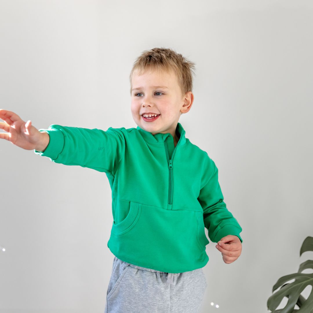 Hello Poppet Half Zip Crew | Kids cotton jumpers available in pink & green at Bear & Moo