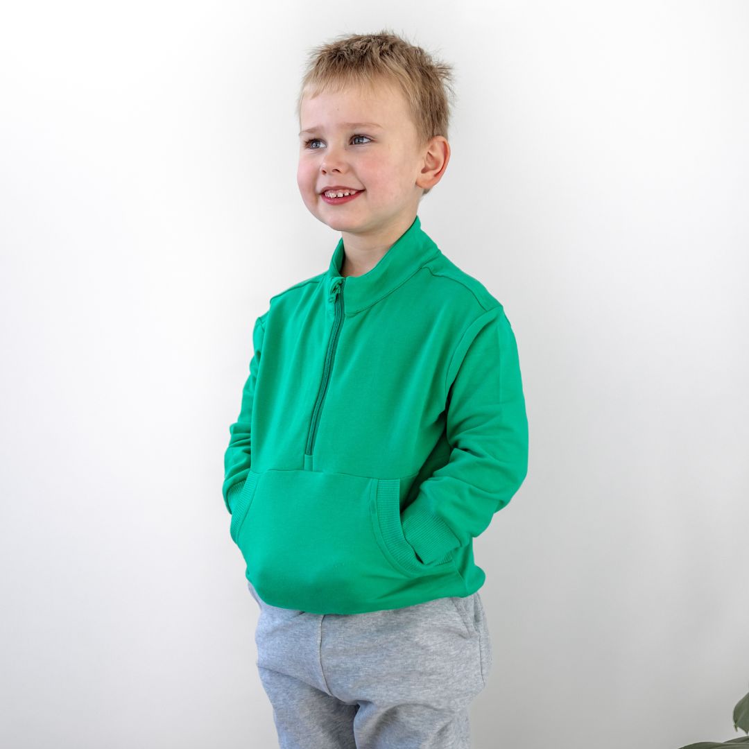 Hello Poppet Half Zip Crew | Kids cotton jumpers available in pink & green at Bear & Moo