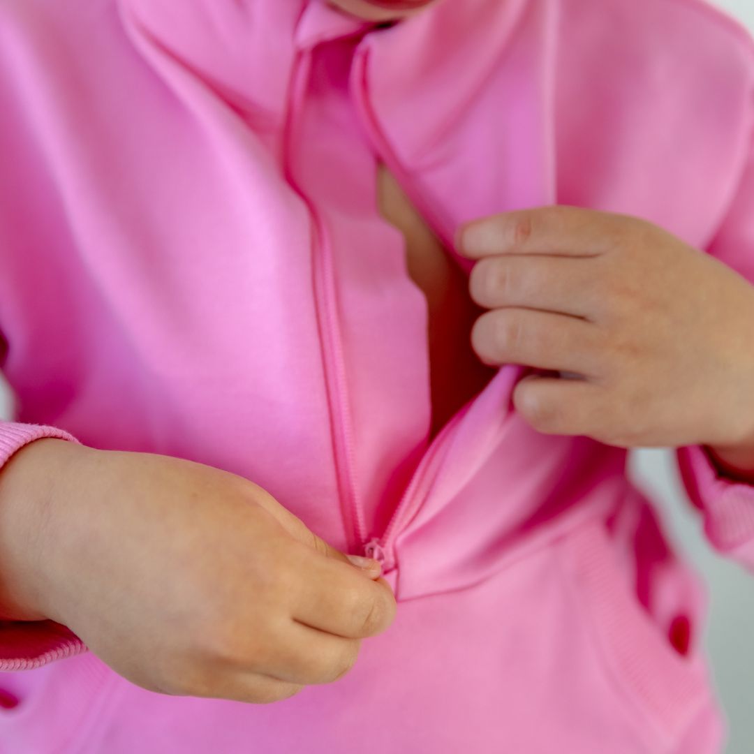 Hello Poppet Half Zip Crew | Kids cotton jumpers available in pink & green at Bear & Moo