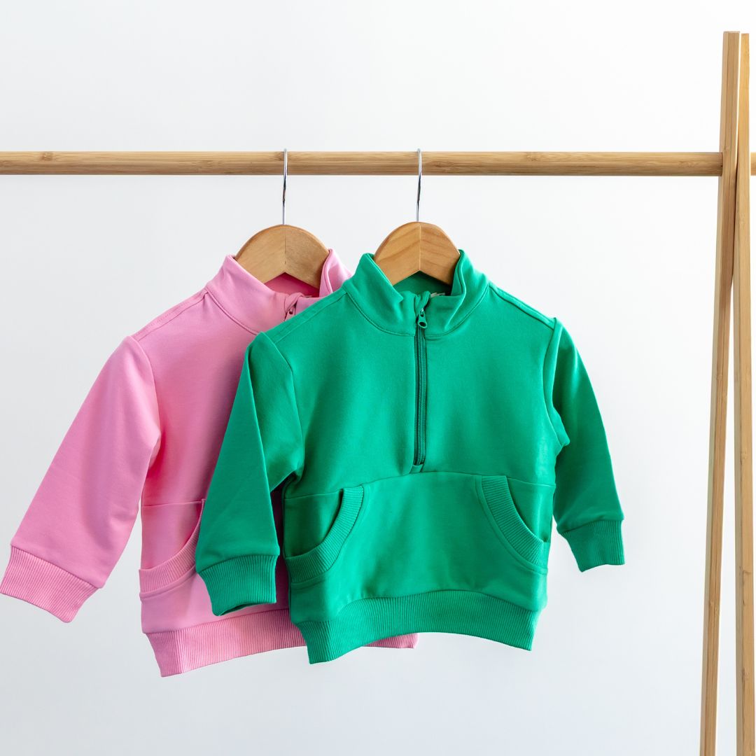 Hello Poppet Half Zip Crew | Kids cotton jumpers available in pink & green at Bear & Moo
