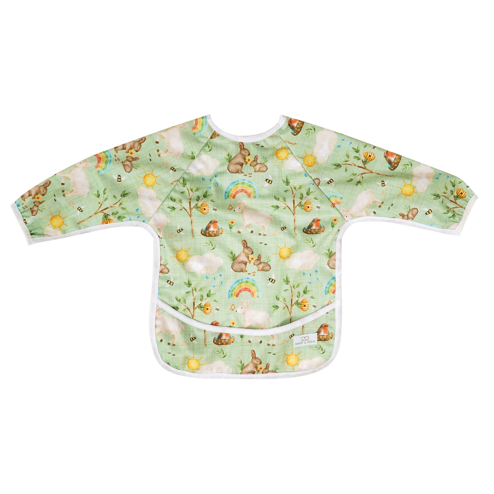 Bear & Moo Sleeved Bib | Waterproof Reusable Bib | Signs of Spring print