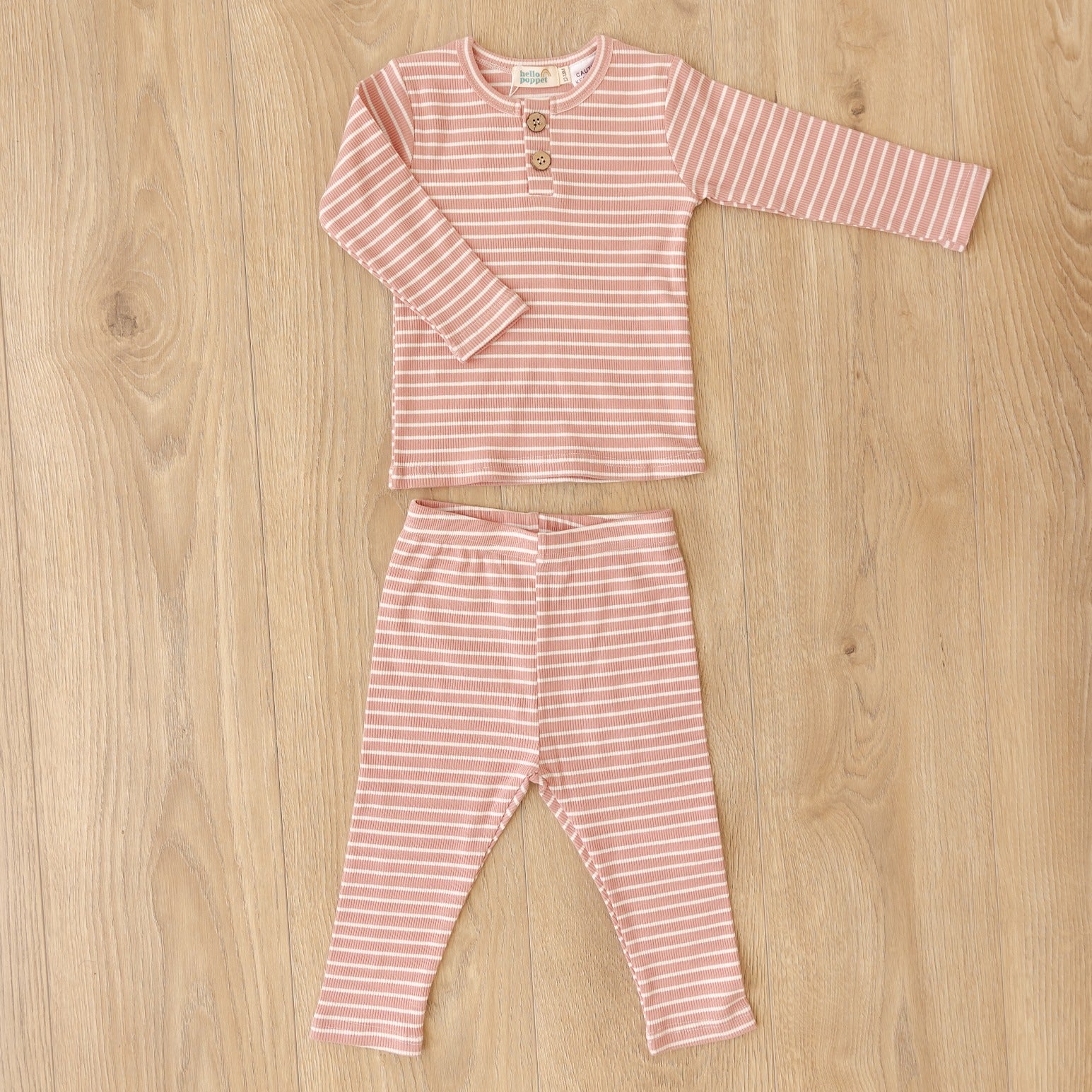 Hello Poppet Ribbed Pyjamas in Pink + White available at Bear & Moo