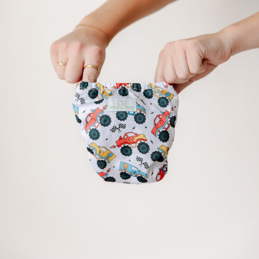 Bear & Moo Reusable Cloth Nappies | Demolition Derby Cloth Nappy | Newborn Reusable Nappy