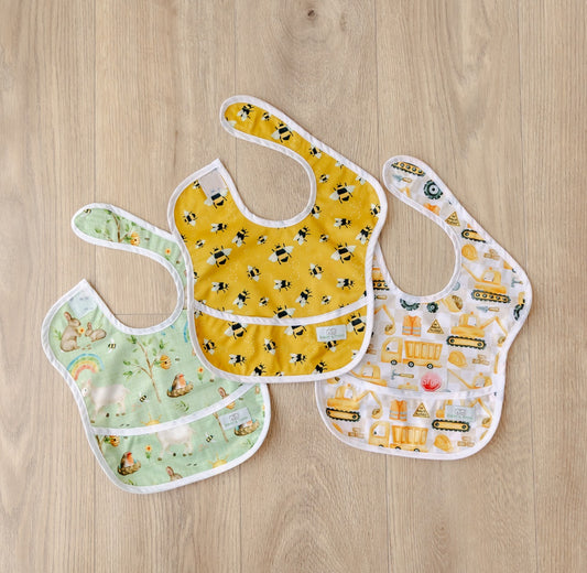 Bear & Moo Classic Bib | Waterproof Reusable Bib | Busy Bees print
