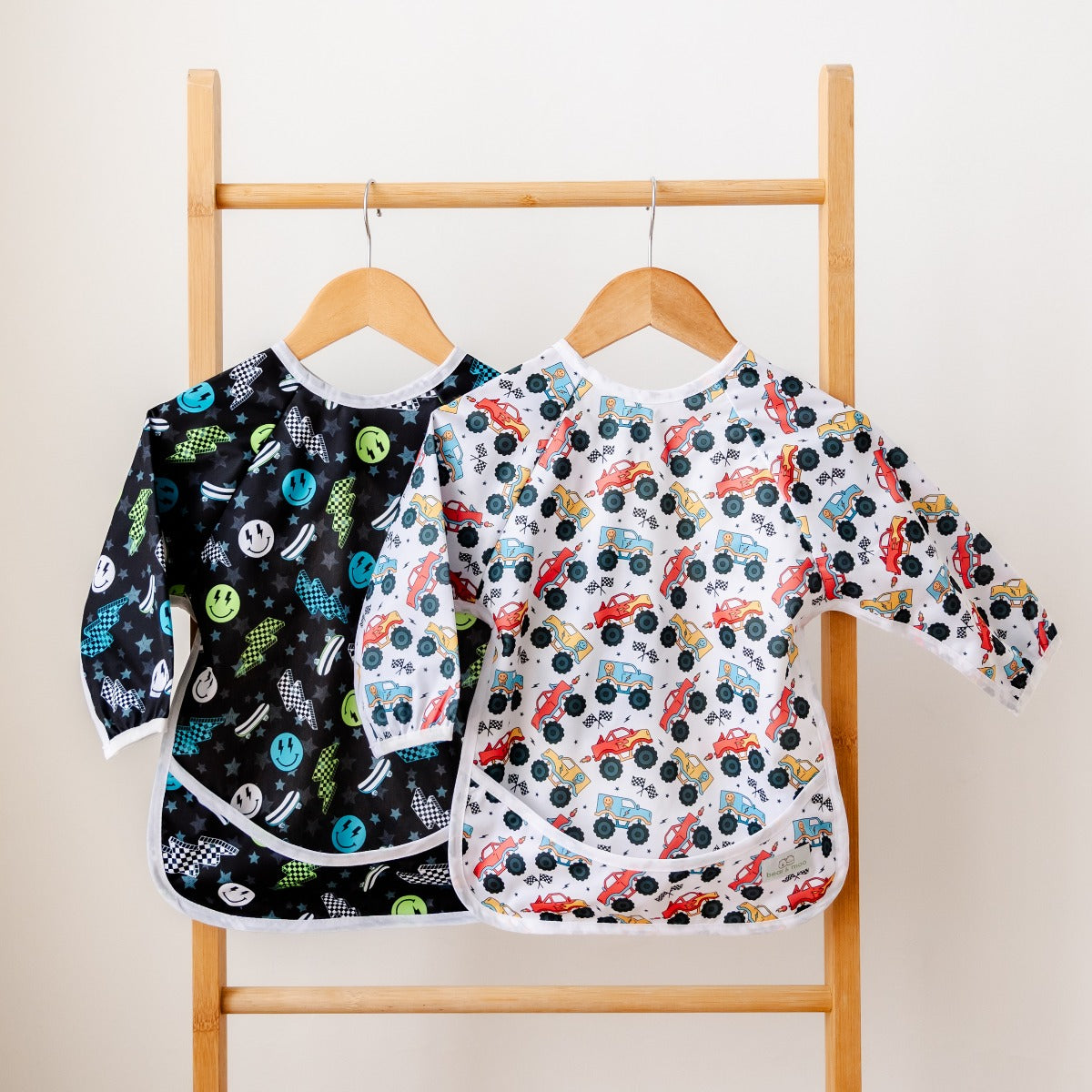 Bear & Moo Sleeved Bib | Waterproof Reusable Bib | Demolition Derby print