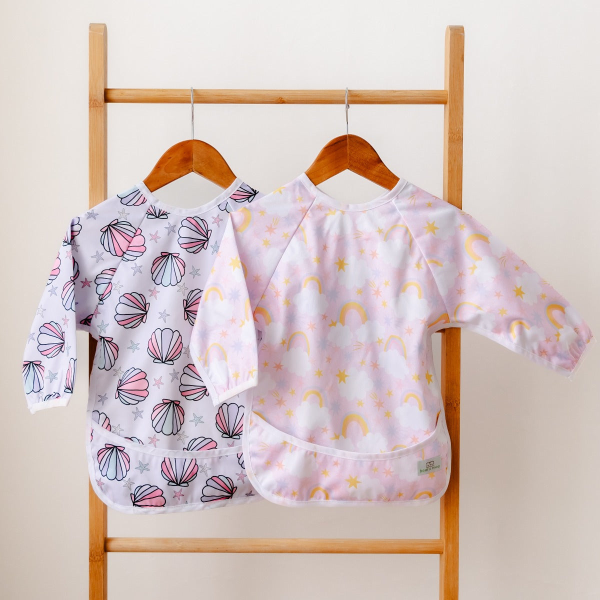 Bear & Moo Sleeved Bib | Waterproof Reusable Bib | Mermaid Shells print