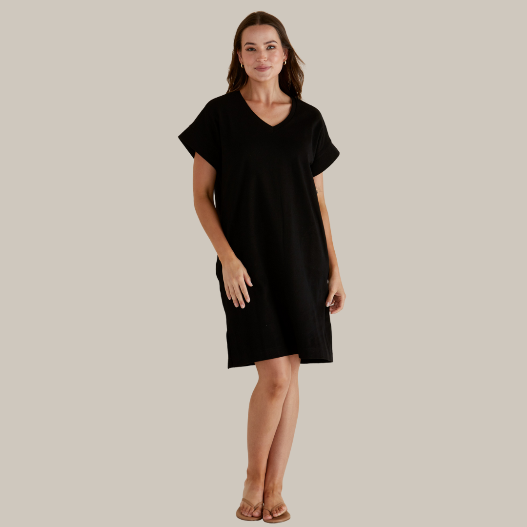 Betty Basics Elise V-Neck Rib Dress | Black available at Bear & Moo