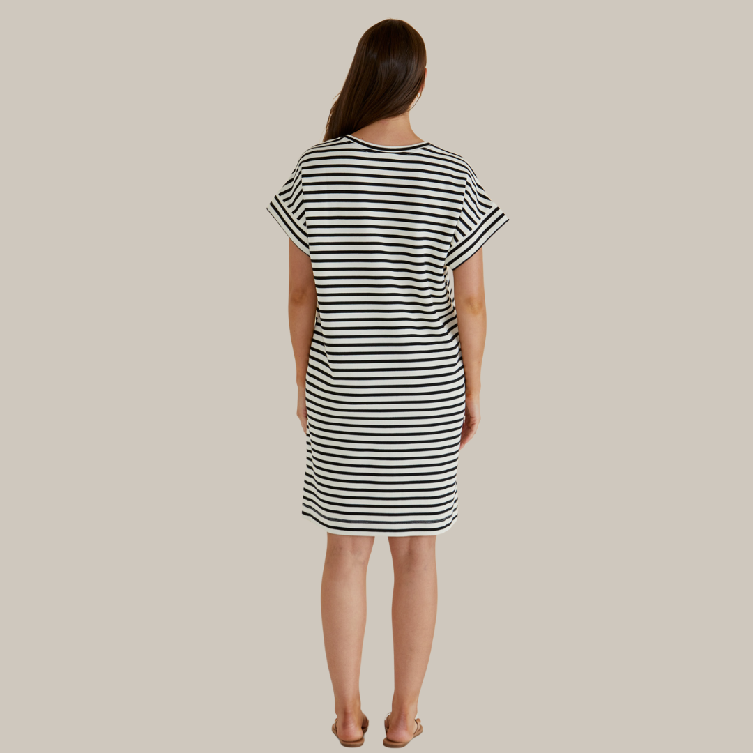 Betty Basics Elise V-Neck Rib Dress | White/Black Stripe available at Bear & Moo