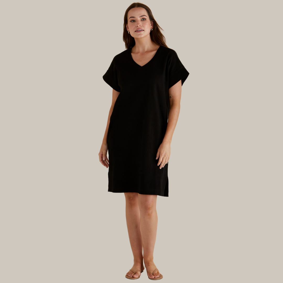 Betty Basics Elise V-Neck Rib Dress | Black available at Bear & Moo