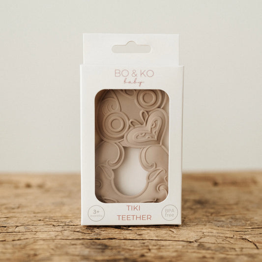 BO & KO Baby Tiki Teether in Latte available at Bear & Moo | Silicone Teether