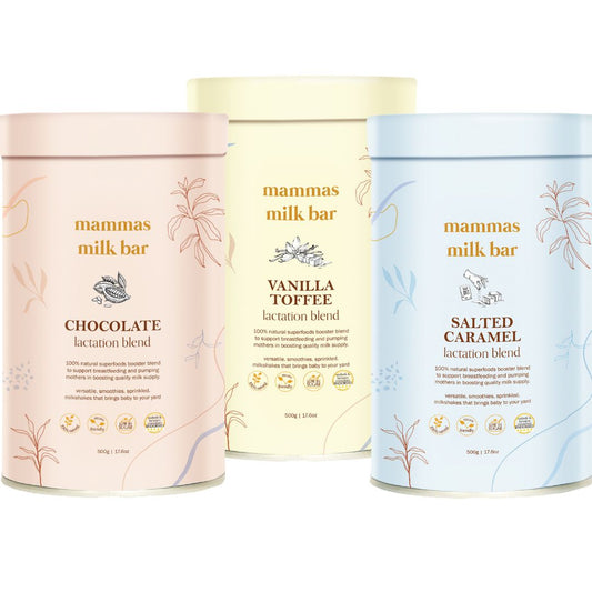 Mammas Milk Bar Lactation Blend in Chocolate, Vanilla Toffee & Salted Caramel available at Bear & Moo