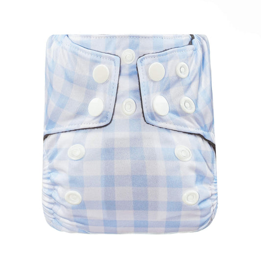 Bear & Moo Reusable Microfibre & Charcoal Bamboo Newborn Nappy in Cornflower Gingham print