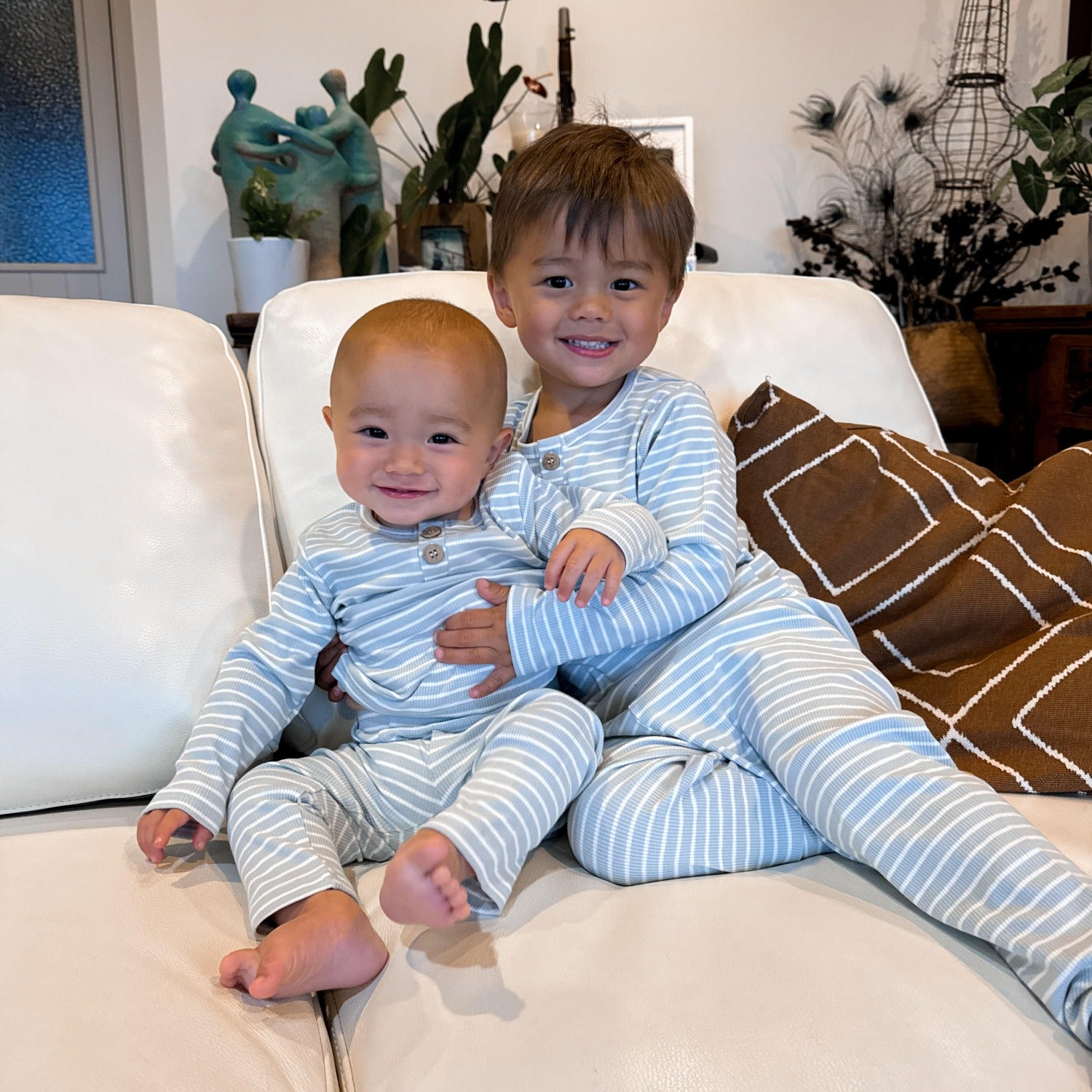 Hello Poppet Ribbed Pyjamas in Blue + White available at Bear & Moo