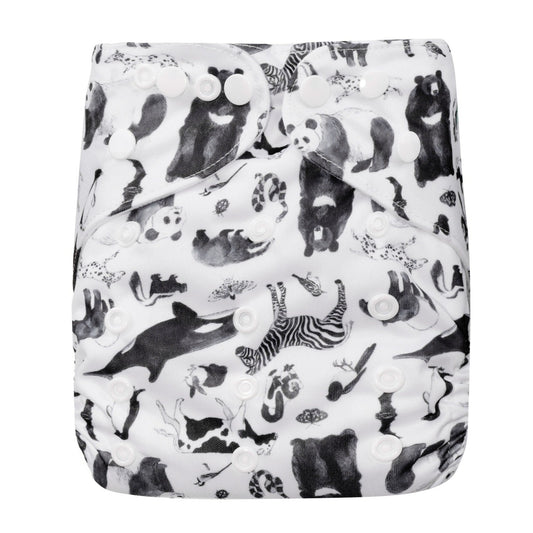 Bear & Moo Monochrome Animals Cloth Nappy | One Size Fits Most