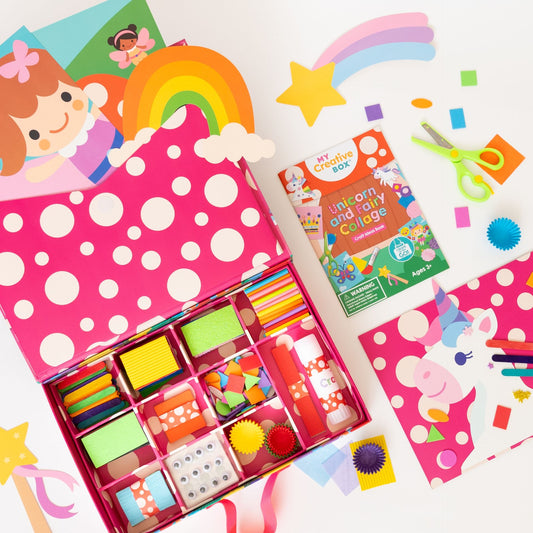 My Creative Box Unicorn and Fairy Collage Sensory Craft Box, open box showing collage materials