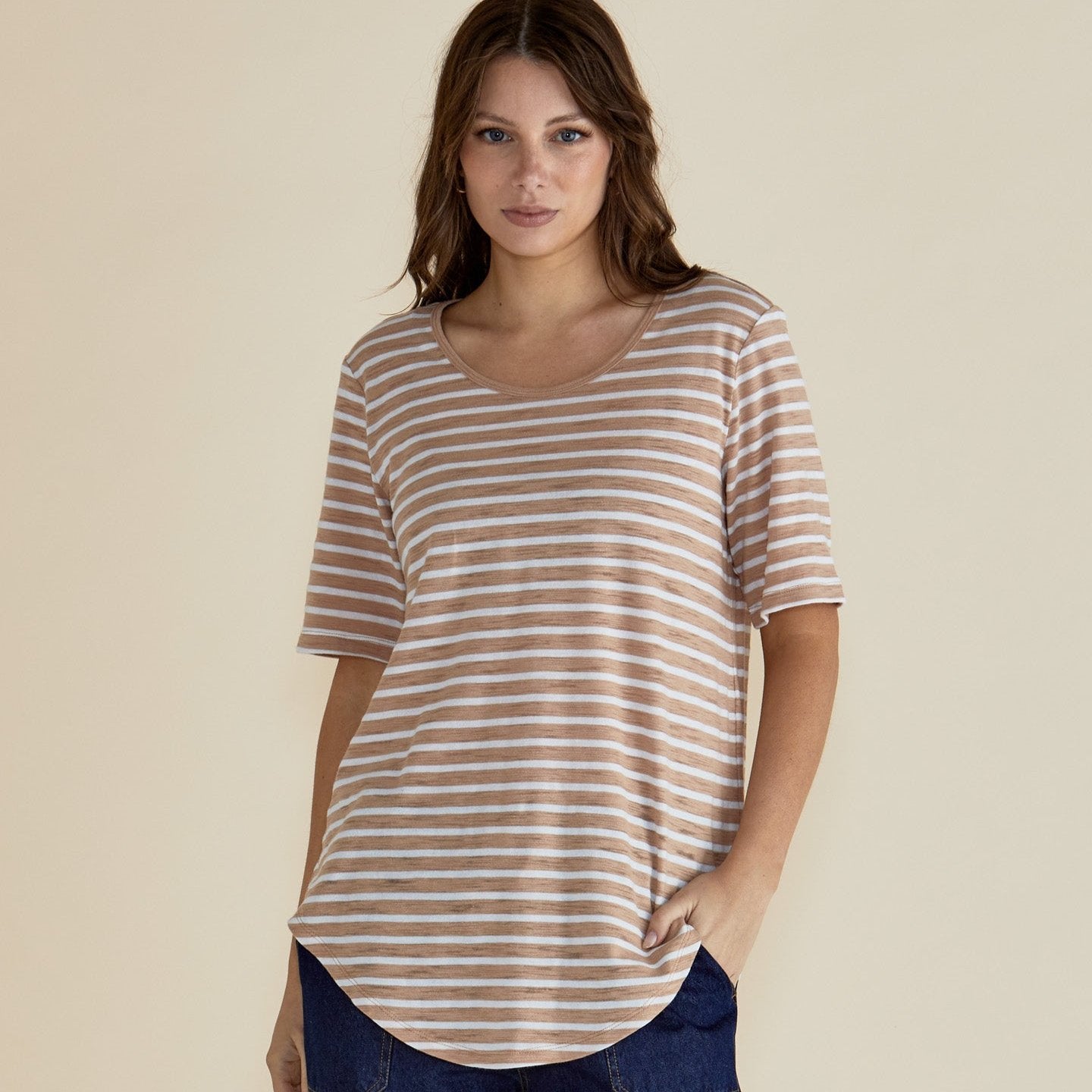 Betty Basics Ariana Tee | Beige Stripe available at Bear & Moo